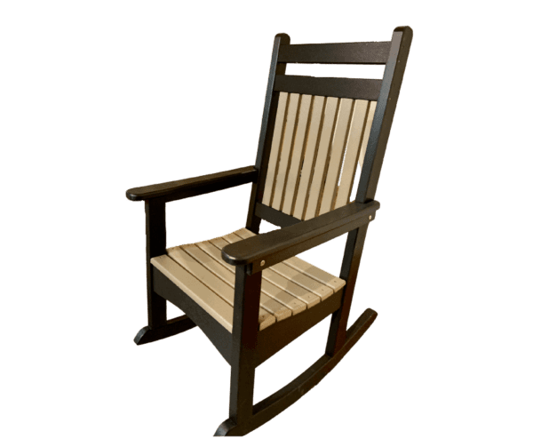 lumbar porch rocker in two shades of brown.