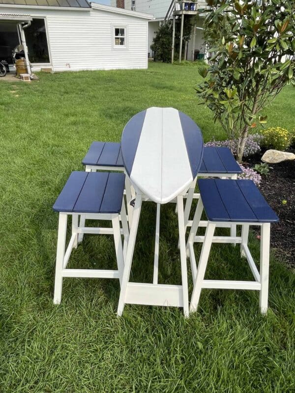 surfboard pub set table and saddle bar stools 1