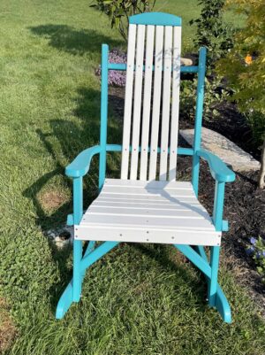 Woodlin poly rocking chair in white and turquoise.
