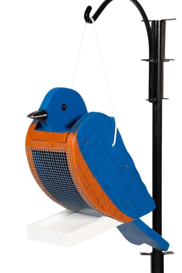 Bird feeder that looks like a blue bird.