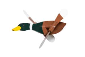 A wind spinner that looks like a mallard duck.
