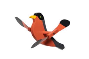 A wind spinner that looks like a red robin.