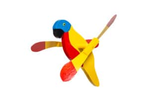 A wind spinner that looks like a sunshine parrot.