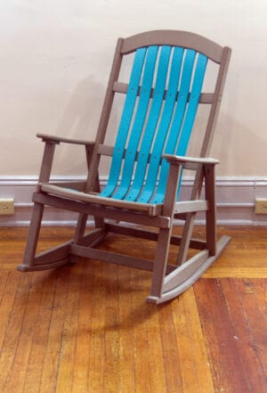 Cottage rocker in brown and turquoise.