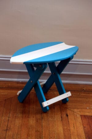 Folding Surfboard Side Table in white and turquoise.